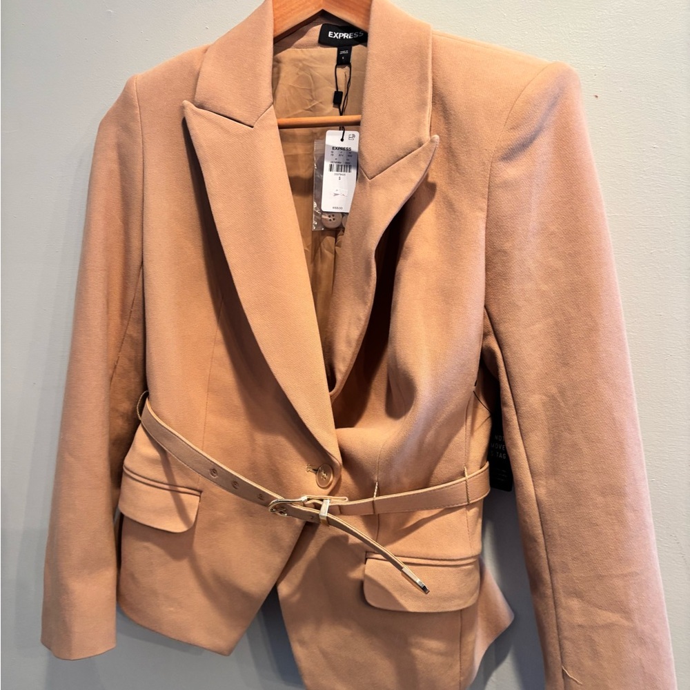 Express Tan blazer preppy double breasted office workwear neutral minimalist - Picture 10 of 16
